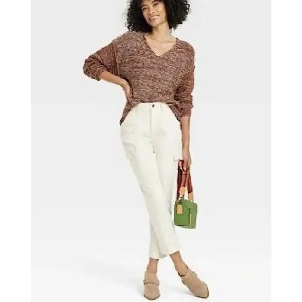Universal Thread Oversized Pure Cotton Brown Marled Knit V-Neck Sweater